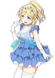 Rule 34 | 1girl, artist request, ayase eli, bare shoulders, blonde hair, blue dress, blue eyes, blush, breasts, choker, cleavage, dress, earrings, female focus, flower, flower wreath, forhor1, frilled dress, frills, gem, gloves, head wreath, heart, highres, idol, jewelry, large breasts, long hair, looking at viewer, love live!, love live! school idol festival, love live! school idol project, pearl (gemstone), ponytail, scrunchie, see-through, short hair, sidelocks, smile, solo, thighhighs, white background, white gloves, white thighhighs, yume no tobira, zettai ryouiki