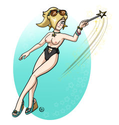 Rule 34 | 1girl, bare arms, bare legs, bare shoulders, black one-piece swimsuit, blonde hair, breasts, hair over one eye, high heels, highres, long hair, looking at viewer, mario (series), nintendo, nipples, one-piece swimsuit, ponytail, rosalina, smile, solo, super mario galaxy, swimsuit, wedge heels