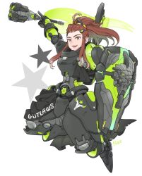 Rule 34 | 1girl, alternate costume, armor, armored boots, boots, brigitte (overwatch), brown hair, flag, freckles, gloves, hair ornament, hairclip, highres, long hair, mace, open mouth, outlaws brigitte, overwatch, overwatch 1, overwatch league, ponytail, shield, star (symbol), teeth, weapon, white background, yellow eyes