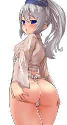 Rule 34 | 1girl, ass, ass grab, blue eyes, blush, breasts, chiroshiron, crop top, crossed bangs, crying, empty eyes, fundoshi, furrowed brow, grey hair, hair between eyes, hat, highres, huge ass, japanese clothes, lips, long hair, long sleeves, looking at viewer, looking back, mononobe no futo, parted lips, ponytail, pussy juice, sidelocks, simple background, small breasts, solo, sweat, teardrop, tears, thighs, touhou, transparent background