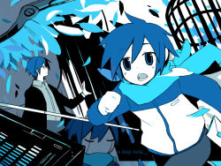 Rule 34 | 1boy, blue eyes, blue hair, blue scarf, child, dual persona, feathers, kaito (vocaloid), male focus, matching hair/eyes, mechanical wings, old radio (vocaloid), radio, robot, scarf, solo, verus, vocaloid, wings