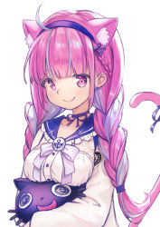 Rule 34 | 1girl, absurdres, ahoge, anchor symbol, animal ear fluff, animal ears, blue hair, blue hairband, blue sailor collar, blush, bow, braid, breast hold, breasts, cat ears, cat girl, cat tail, choker, closed mouth, collarbone, commentary request, crossed arms, hair ornament, hairband, highres, holding, hololive, hug, kutar22, long hair, long sleeves, looking at viewer, medium breasts, minato aqua, minato aqua (sailor), multicolored hair, neko (minato aqua), official alternate costume, open mouth, outline, pink hair, pleated skirt, purple bow, purple choker, purple eyes, purple hair, purple ribbon, ribbon, ribbon choker, sailor collar, shirt, simple background, skirt, smile, tail, twin braids, twintails, two-tone hair, upper body, virtual youtuber, white background, white outline