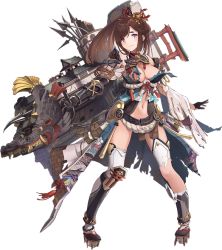 Rule 34 | 1girl, arrow (projectile), artist request, black gloves, bowgun, breasts, broken arrow, brown hair, cleavage, full body, gloves, hiroshima (oshiro project), holding, holding weapon, large breasts, midriff, navel, official art, oshiro project:re, oshiro project:re, ponytail, purple eyes, quiver, shachihoko, solo, thick eyebrows, thighhighs, torii, torn clothes, torn thighhighs, transparent background, weapon, white thighhighs