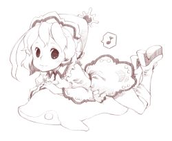 Rule 34 | 1girl, boots, dolphin, dress, hat, looking at viewer, lying, merlin prismriver, monochrome, on stomach, smile, solo, stuffed animal, stuffed toy, touhou, uni mate