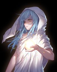 Rule 34 | 1other, bare arms, bare shoulders, black background, blue hair, commentary request, dark, glowing, hood, long hair, looking away, messy hair, orb, other focus, parted lips, rimuru tempest, robe, simple background, solo, tensei shitara slime datta ken, upper body, yellow eyes, yilocity