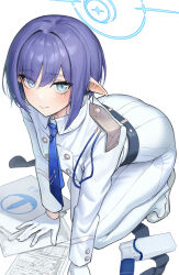 Rule 34 | 1girl, absurdres, all fours, aoi (blue archive), ass, blue archive, blue eyes, blue hair, blue necktie, gloves, gun, highres, ildy, jacket, long sleeves, looking at viewer, mole, mole under eye, necktie, pants, paper, pointy ears, short hair, solo, weapon, white gloves, white jacket, white pants