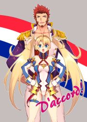 Rule 34 | 1boy, 1girl, bare shoulders, beard, blonde hair, blue eyes, blush, bradamante (fate), bradamante (first ascension) (fate), braid, breasts, facial hair, fate/grand order, fate (series), french flag, gloves, hair between eyes, hair ornament, hands on own hips, long hair, long sideburns, long sleeves, looking at viewer, napoleon bonaparte (fate), open mouth, pants, pectorals, rondo (poccal), sideburns, smile, thighs, twintails, very long hair