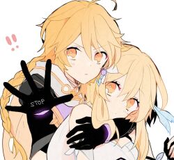 Rule 34 | !, !!, 1boy, 1girl, aether (genshin impact), ahoge, black gloves, blonde hair, blush, braid, brother and sister, closed mouth, dress, genshin impact, gloves, hug, hug from behind, looking at viewer, lumine (genshin impact), open hand, orange eyes, scarf, short hair with long locks, siblings, twins, upper body, white background, white dress, white scarf, yae (yae ringo)