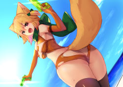 Rule 34 | 1girl, animal ears, ass, ass cutout, blue sky, borrowed character, bow, breasts, clothing cutout, cloud, curvy, day, dutch angle, elbow gloves, fox ears, fox tail, from behind, gloves, happy, hip focus, huge ass, long hair, looking at viewer, looking back, medium breasts, ocean, open mouth, orange hair, original, outdoors, red eyes, sky, smile, solo, stomach, tail, thick thighs, thighhighs, thighs, tongue, water gun, wide hips, yoshizawa tsubaki
