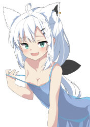 Rule 34 | 1girl, :d, absurdres, ahoge, animal ear fluff, animal ear piercing, animal ears, bare shoulders, black ribbon, blue dress, blush, braid, breasts, cleavage, clothes pull, collarbone, commentary, cowboy shot, dress, dress pull, green eyes, hair between eyes, hair ornament, hair ribbon, hairclip, highres, hololive, leaning forward, long hair, looking at viewer, low ponytail, medium breasts, mesugaki, naughty face, no bra, open mouth, pulled by self, ribbon, see-through, see-through dress, shirakami fubuki, shirayuki (snow link), simple background, single braid, skindentation, sleeveless, sleeveless dress, smile, solo, spaghetti strap, tsurime, virtual youtuber, white background, white hair, wolf ears, wolf girl