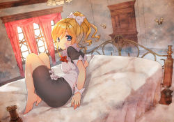 Rule 34 | 10s, 1girl, ayase eli, bad id, bad pixiv id, barefoot, bed, blonde hair, blue eyes, bow, curtains, hair bow, looking at viewer, love live!, love live! school idol project, maid, pencil skirt, ponytail, skirt, smile, solo, yadapot