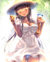 Rule 34 | 1girl, bad id, bad pixiv id, bikini, bikini under clothes, black hair, blush, closed eyes, collarbone, commentary request, cowboy shot, cup, dark-skinned female, dark skin, day, dress, drink, drinking glass, facing viewer, flask, hat, holding, holding cup, holding drinking glass, long hair, open mouth, original, outdoors, ponytail korosuke, revision, see-through, smile, solo, standing, straw hat, striped bikini, striped clothes, sundress, swimsuit, swimsuit under clothes, white dress
