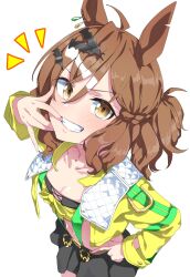 Rule 34 | 1girl, :d, ahoge, animal ears, black skirt, bow, braid, brown hair, collarbone, commentary request, ear ornament, earrings, french braid, grin, hair between eyes, hair ornament, hairclip, hand on own hip, highres, horse ears, horse girl, horse tail, jacket, jewelry, jungle pocket (umamusume), long sleeves, looking at viewer, medium hair, midriff, miniskirt, navel, nerukichikatafukuma, notched ear, open clothes, open mouth, shirt, simple background, single earring, skirt, smile, solo, tail, umamusume, white background, x hair ornament, yellow bow, yellow eyes