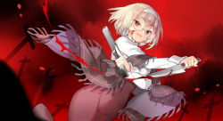 Rule 34 | 1girl, blood, blood on face, bloody weapon, brown skirt, cloud, cloudy sky, collared shirt, fringe trim, glasses, gun, hairband, handgun, high-waist skirt, holding, holding gun, holding knife, holding weapon, knife, light brown hair, long sleeves, looking at viewer, original, outdoors, parted lips, pistol, plaid, red eyes, red sky, round eyewear, saru, shawl, shirt, short hair, skirt, sky, smile, solo, weapon, white hairband, white shirt