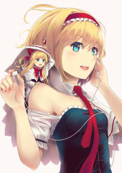 Rule 34 | 1girl, alice margatroid, bare shoulders, blonde hair, blue dress, blue eyes, breasts, capelet, culter, detached collar, dress, earphones, fingernails, floating hair, hairband, hands up, highres, holding, long hair, looking afar, necktie, open mouth, red hairband, red necktie, shanghai doll, simple background, small breasts, smile, solo, touhou, upper body