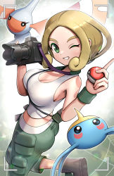 Rule 34 | 1girl, absurdres, ass, blonde hair, boots, breasts, bug, camera, cargo pants, cleavage, commentary, creatures (company), dot nose, dutch angle, from side, game freak, gen 3 pokemon, glint, gonzarez, green eyes, green pants, grin, highres, holding, holding camera, holding poke ball, index finger raised, insect, large breasts, looking at viewer, looking to the side, masquerain, midriff, moth, nintendo, one eye closed, pants, poke ball, poke ball (basic), pokemon, pokemon (creature), pokemon xy, short hair, silk, smile, spider web, standing, standing on one leg, strap, surskit, tank top, viewfinder, viola (pokemon), white tank top, wristband