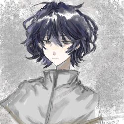 Rule 34 | 1boy, blue hair, capelet, chinese commentary, closed mouth, commentary request, dark blue hair, gold trim, grey background, grey eyes, hair between eyes, highres, looking at viewer, male focus, portrait, renjian tao hui, saibou shinkyoku, short hair, solo, utsugi noriyuki, white capelet