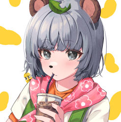 Rule 34 | 1girl, amopui, animal ears, animal nose, cup, disposable cup, drinking, drinking straw, furry, grey eyes, grey hair, holding, holding cup, leaf, leaf on head, looking at viewer, mode aim, peanuts-kun, ponpoko (vtuber), ponpoko (vtuber), raccoon ears, scarf, short hair, two-tone background, upper body, virtual youtuber
