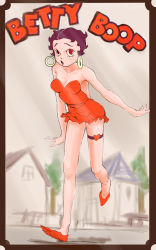 Rule 34 | 1girl, backless dress, backless outfit, bare legs, bare shoulders, betty boop, betty boop (character), black hair, border, breasts, character name, cocktail dress, dress, earrings, female focus, flats, heart, highres, hoop earrings, house, jewelry, long legs, looking at viewer, minidress, no bra, outdoors, red dress, red eyes, red footwear, red lips, running, shoes, short hair, solo, strapless, strapless dress, thigh strap, tree, yossan
