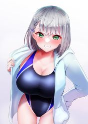 Rule 34 | 1girl, ahoge, braid, breasts, competition swimsuit, cowboy shot, french braid, gradient background, green eyes, grey hair, grin, highres, hololive, hood, hooded jacket, hoodie, jacket, large breasts, leaning forward, one-piece swimsuit, open clothes, open jacket, shirogane noel, short hair, simple background, smile, solo, swimsuit, virtual youtuber, white background, white jacket, yumeneko nyaa