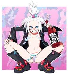 Rule 34 | 1girl, absurdres, black footwear, black jacket, blue eyes, blush, boots, border, bottle, breasts, censored, character print, clothing aside, commentary, creatures (company), drooling, freckles, full body, game freak, gen 5 pokemon, grin, hair bobbles, hair ornament, highres, holding, holding bottle, jacket, looking at viewer, nail polish, navel piercing, nintendo, open clothes, open jacket, outline, panties, panties aside, piercing, pokemon, pokemon (creature), pokemon bw2, roxie (pokemon), saliva, scolipede, sexynomicon, small breasts, smile, solo, spiked hair, spread legs, squatting, striped clothes, striped panties, teeth, topknot, underwear, white border, white hair, zipper, zipper pull tab