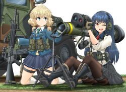 Rule 34 | 2girls, absurdres, anti-tank missile, assault rifle, black footwear, black pantyhose, blazer, blonde hair, blue eyes, blue hair, blue jacket, blue shirt, blue skirt, boots, brown sweater, closed mouth, combat boots, commentary request, cross-laced footwear, dress shirt, explosive, frown, green necktie, grenade, gun, hair tie, harness, headphones, highres, holding, holding weapon, hummer, jacket, kneehighs, kneeling, lace-up boots, long hair, long sleeves, looking at another, looking at viewer, low twintails, m16, m47 dragon, medium hair, mikeran (mikelan), miniskirt, motor vehicle, multiple girls, necktie, on ground, on shoulder, one eye closed, open mouth, orange eyes, original, pantyhose, plaid, plaid skirt, pleated skirt, pointing, red necktie, rifle, school uniform, shadow, shirt, shoes, sitting, skirt, sleeves rolled up, smile, socks, sweater, thigh strap, thighband pantyhose, tripod, twintails, v-neck, weapon, white background, white jacket, white shirt, white socks, wing collar