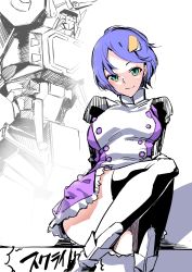 Rule 34 | 1girl, absurdres, black thighhighs, blue hair, breasts, closed mouth, daru buta, green eyes, hair ornament, highres, looking at viewer, mecha, robot, scheris adjani, scryed, short hair, skirt, smile, solo, thighhighs, uniform, white background