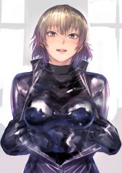 Rule 34 | 1girl, black bodysuit, black gloves, blonde hair, bodysuit, clothes pull, covered erect nipples, gloves, grey eyes, grey hair, highres, jacket, jacket pull, kilye kairi, latex, latex bodysuit, latex gloves, lips, looking at viewer, multicolored hair, open clothes, open jacket, original, parted lips, pink hair, shiny clothes, short hair, smile, solo, streaked hair, undressing, upper body