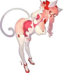 Rule 34 | 1girl, animal ear fluff, animal ears, ass, bare shoulders, bent over, borrowed character, bow, breasts, cleavage, covered erect nipples, detached sleeves, fingernails, frilled thighhighs, frills, glasses, grey background, hair bow, high heels, highres, large breasts, long hair, looking at viewer, mamorunokoto, open mouth, original, panties, red-framed eyewear, red bow, red eyes, red footwear, red ribbon, ribbon, signature, simple background, solo, srco, tail, thighhighs, tongue, transparent background, twintails, underwear, v, white panties, white thighhighs