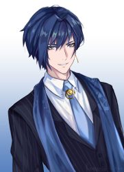 Rule 34 | 1boy, absurdres, blue eyes, blue hair, blue necktie, commentary, earrings, english commentary, formal, genderswap, genderswap (ftm), gradient background, highres, hololive, hololive english, jewelry, necktie, ouro kronii, ouro krono, romania-chan (artist), short hair, solo, suit, virtual youtuber, wing collar