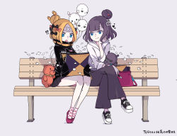 Rule 34 | 2girls, abigail williams (fate), abigail williams (traveling outfit) (fate), bag, balloon, bandaid, bandaid on face, bandaid on forehead, belt, bench, black bow, black footwear, black jacket, blonde hair, blue eyes, bow, breasts, closed mouth, crossed bandaids, crossed legs, fate/grand order, fate (series), forehead, grey background, grey pants, hair bow, hair bun, hair ornament, hairpin, heroic spirit traveling outfit, high collar, hood, hooded sweater, jacket, katsushika hokusai (fate), katsushika hokusai (traveling outfit) (fate), legs, long hair, long sleeves, medium breasts, multiple girls, multiple hair bows, octopus, official alternate costume, open mouth, orange belt, orange bow, pants, parted bangs, pen, polka dot, polka dot bow, purple hair, red footwear, shaded face, short hair, shoulder bag, simple background, single hair bun, sitting, sketchbook, sleeves past fingers, sleeves past wrists, small breasts, smile, stuffed animal, stuffed toy, sweater, teddy bear, tokitarou (fate), white sweater, zka