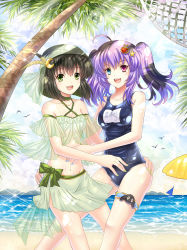 Rule 34 | 2girls, :d, ahoge, beach, black hair, breasts, cleavage, crescent, crescent hair ornament, day, green eyes, hair ornament, headwear request, heterochromia, highres, horizon, looking at viewer, medium breasts, multiple girls, name tag, navel, ocean, one-piece swimsuit, open mouth, original, outdoors, purple hair, riyun (halodark), school swimsuit, sky, smile, swimsuit, translation request, tree, twintails