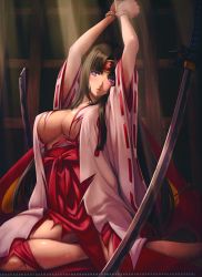 Rule 34 | 10s, 1girl, absurdres, bdsm, black hair, blue eyes, bondage, bound, bound wrists, breasts, covered erect nipples, eiwa, highres, japanese clothes, katana, kensei-miko tomoe, large breasts, long hair, miko, no bra, open clothes, open shirt, parted lips, queen&#039;s blade, queen&#039;s blade rebellion, queen&#039;s blade vanquished queens, ribbon-trimmed sleeves, ribbon trim, rope, shirt, solo, sweat, sword, tomoe (queen&#039;s blade), tomoe (queen's blade), torn clothes, very long hair, weapon