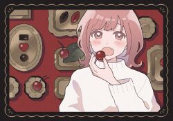 Rule 34 | 1girl, black border, blush, border, cherry, commentary request, drop shadow, expressionless, fang, fingernails, food, fruit, hand up, heart, highres, holding, holding food, leaf, long sleeves, looking at viewer, medium hair, nahara saki, open mouth, original, ornate border, pink eyes, pink hair, plate, skin fang, solo, split mouth, sweater, upper body, white sweater
