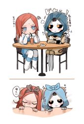 Rule 34 | 2girls, android, animification, annoyed, apex legends, ash (titanfall 2), ashleigh reid, black bow, black hairband, black sclera, blue eyes, bow, chibi, colored sclera, cup, drinking straw, dual persona, hairband, highres, hood, hood up, lying, multiple girls, nagoooon 114, pillow, simulacrum (titanfall), sitting, smile, translation request, under covers, v-shaped eyebrows, yellow eyes