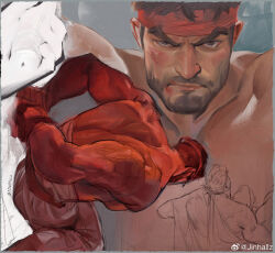 Rule 34 | 1boy, bara, beard, black hair, dougi, facial hair, feet out of frame, frown, headband, highres, jinhallz, large pectorals, looking at viewer, male focus, mature male, midriff sarashi, multiple views, muscular, muscular male, pectorals, ryu (street fighter), sanpaku, sarashi, short hair, street fighter, street fighter 6, thick eyebrows
