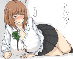 Rule 34 | ..., 1girl, = =, ahoge, blush, bow, bowtie, breasts, brown hair, cleavage, closed eyes, female focus, huge breasts, komusou (jinrikisha), long hair, lying, on side, ooba minori, open clothes, open mouth, open shirt, original, school uniform, shirt, simple background, skirt, solo, straining buttons, sweat, tears, white background