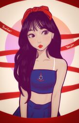 Rule 34 | 1girl, absurdres, april jubilees, artist name, black eyes, black hair, blue skirt, blue tank top, bow, character name, collarbone, commentary, crop top, english commentary, hair bow, highres, k-pop, looking to the side, loona (group), mole, mole under eye, puckered lips, real life, red bow, red lips, skirt, solo, tank top, yeojin (loona)