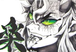 Rule 34 | 1boy, body writing, colored sclera, commentary, cracked skin, demon boy, demon horns, green eyes, green sclera, green theme, hair between eyes, hantengu (kimetsu no yaiba), highres, hitomisaba, horns, karaku (kimetsu no yaiba), kimetsu no yaiba, looking away, male focus, monochrome, open mouth, photo (medium), portrait, simple background, smirk, solo, spot color, text in eyes, tongue, tongue out, traditional media