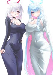 Rule 34 | 2girls, absurdres, alternate breast size, alternate costume, alternate hair length, alternate hairstyle, arona (blue archive), black choker, black dress, black jacket, blue archive, blue eyes, blue hair, blue halo, blunt bangs, blush, braid, breasts, choker, cleavage, colored inner hair, commentary, covered navel, dongtan dress, dress, grey eyes, grin, hair over one eye, hair over shoulder, halo, hand on own hip, highres, jacket, large breasts, long hair, long sleeves, looking at viewer, meme attire, multicolored hair, multiple girls, open mouth, pink hair, plana (blue archive), red halo, red pupils, shira jun, short hair, simple background, single braid, sleeveless, sleeveless dress, smile, streaked hair, very long hair, white background, white choker, white dress, white hair, white jacket