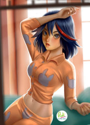 Rule 34 | 10s, 1girl, animal print, arm support, arm up, artist request, bed, black hair, blue eyes, blush, breasts, buttons, day, facing viewer, hand up, indoors, kill la kill, large breasts, legs, legs together, light rays, lips, lipstick, long sleeves, looking at viewer, makeup, matoi ryuuko, medium hair, midriff, multicolored hair, nail polish, navel, on bed, orange pajamas, orange pants, orange shirt, pajamas, pants, parted lips, rabbit print, red hair, room, shirt, sitting, solo, sunbeam, sunlight, teeth, two-tone hair, wall, window
