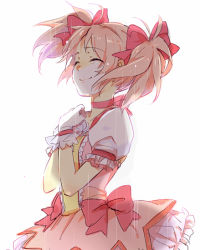 Rule 34 | 1girl, ^ ^, backlighting, bubble skirt, choker, closed eyes, crying, floating hair, frilled skirt, frilled sleeves, frills, gloves, hair ribbon, hands on own chest, happy, kaname madoka, karuha, light particles, mahou shoujo madoka magica, mahou shoujo madoka magica (anime), pink choker, pink hair, pink neckwear, pink ribbon, pink theme, puffy short sleeves, puffy sleeves, rain, ribbon, short sleeves, short twintails, simple background, skirt, smile, solo, tears, twintails, upper body, white background, white gloves