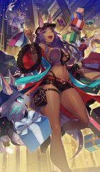 Rule 34 | 1girl, ainezu, alternate costume, animal, animal ears, aqua eyes, bag, black panties, black shorts, box, bracelet, breasts, choker, cleavage, clenched hands, coat, craft essence (fate), dark skin, dark-skinned female, queen of sheba (dollar-cent shop) (fate), ears through headwear, fang, fate/grand order, fate (series), fur-trimmed coat, fur-trimmed sleeves, fur trim, gift, gift box, hat, highleg, highleg panties, jewelry, large breasts, long coat, long hair, official art, one eye closed, open clothes, open coat, panties, pouch, purple hair, queen of sheba (fate), railing, red coat, shopping bag, short shorts, shorts, solo, strapless, thigh strap, underwear, wide sleeves