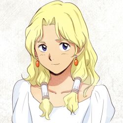 Rule 34 | 1girl, blonde hair, blue eyes, breasts, closed mouth, earrings, electra (nadia), fushigi no umi no nadia, hair ornament, jewelry, kei-co, long hair, looking at viewer, smile, solo, aged down