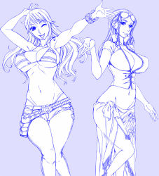Rule 34 | 2girls, arms up, belt, bikini, bikini top only, bracelet, breasts, center opening, collarbone, crop top, denim, earrings, eyelashes, eyewear on head, female focus, floral print, flower, glasses, groin, hair slicked back, hand up, hanzaki jirou, jeans, jewelry, large breasts, long hair, looking at viewer, lowleg, midriff, monochrome, multiple girls, nami (one piece), navel, nico robin, no bra, one eye closed, one piece, open clothes, open mouth, open shirt, panties, pants, revealing clothes, ribs, sarong, shirt, short sleeves, side slit, simple background, skirt, smile, sunglasses, swimsuit, tattoo, thigh gap, underboob, underwear, unzipped, wide hips, wink, zipper