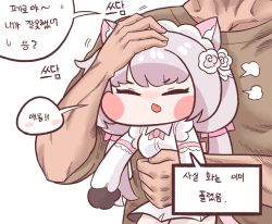 Rule 34 | 1boy, 1girl, animal ears, animal hands, blush stickers, bulga, carrying, cat ears, cat paws, cat tail, chibi, commander (last origin), dress, fang, hand on another&#039;s head, headpat, korean text, last origin, maid headdress, mini person, minigirl, open mouth, out of frame, perrault (last origin), silver hair, simple background, tail, thighhighs, twintails, white background, white dress