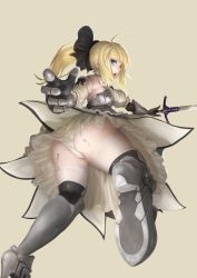 Rule 34 | 1girl, armor, artoria pendragon (fate), ass, banajune, bare shoulders, blonde hair, blue eyes, breastplate, excalibur (fate/stay night), fate/stay night, fate/unlimited codes, fate (series), garter straps, gauntlets, highres, lace, lace-trimmed legwear, lace trim, long hair, looking at viewer, panties, ponytail, sabaton, saber (fate), saber lily, solo, sword, thighhighs, thighs, underwear, upskirt, weapon, white panties