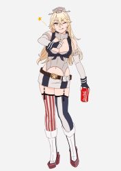 Rule 34 | american flag, american flag legwear, asymmetrical legwear, bad id, bad twitter id, blonde hair, blue eyes, breasts, can, coca-cola, elbow gloves, fingerless gloves, flag print, front-tie top, full body, garter straps, gloves, hair between eyes, headgear, iowa (kancolle), kantai collection, large breasts, miniskirt, mismatched legwear, ojipon, skirt, star-shaped pupils, star (symbol), striped clothes, striped thighhighs, symbol-shaped pupils, thighhighs, uss iowa (bb-61), vertical-striped clothes, vertical-striped thighhighs