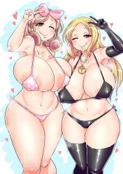 Rule 34 | 10s, 2girls, :q, areola slip, armpits, bikini, black legwear, blonde hair, blush, breasts, collarbone, covered erect nipples, curvy, elbow gloves, female focus, gigantic breasts, gloves, green eyes, hair ornament, hair ribbon, haruka (senran kagura), heart, heart-shaped pupils, highres, hip focus, jewelry, latex, latex gloves, latex legwear, long hair, multiple girls, navel, necklace, one eye closed, plump, red eyes, ribbon, sagging breasts, senran kagura, shiki (senran kagura), shiny clothes, shiny skin, sina and d, skindentation, smile, standing, sweat, swimsuit, symbol-shaped pupils, thick thighs, thighs, tongue, tongue out, v, wet, wide hips, wink