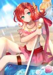 Rule 34 | 1girl, beach, belt, bikini, blue eyes, breasts, collarbone, conch, fire emblem, frilled bikini, frills, gem, hair ornament, highres, holding, holding polearm, holding weapon, jewelry, knees up, lance, looking at viewer, medium hair, navel, necklace, nintendo, norne (fire emblem), o-ring, orange hair, parted bangs, pearl (gemstone), pink bikini, polearm, ponytail, red bikini, red sash, sash, shell, sitting, small breasts, smile, solo, star (symbol), starfish, swimsuit, teeth, thigh belt, thigh strap, water, weapon, xyaj8532
